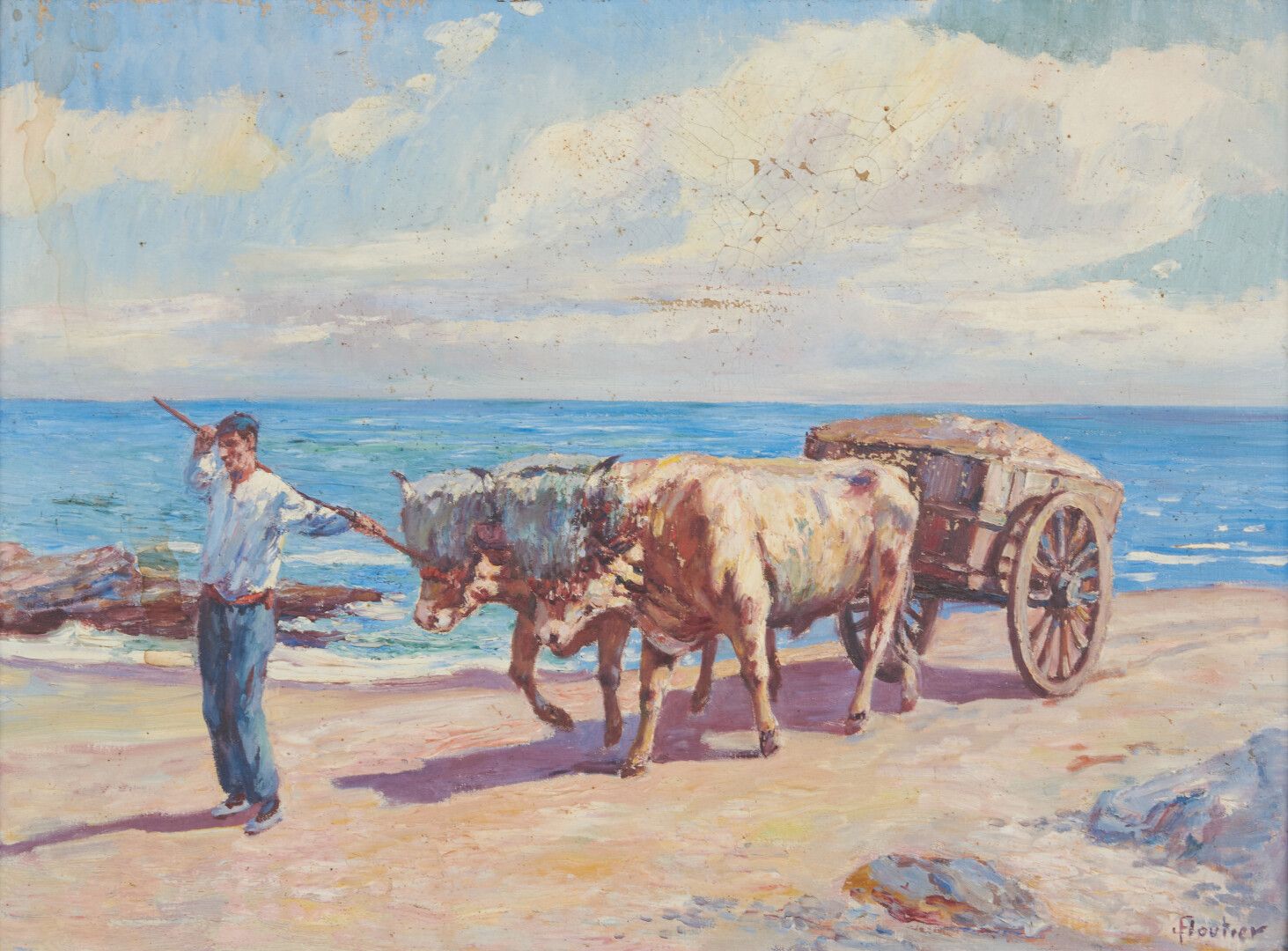 Null 
FLOUTIER Louis (1882-1936)

"Le bouvier au bord de la plage" huile sur toi&hellip;
