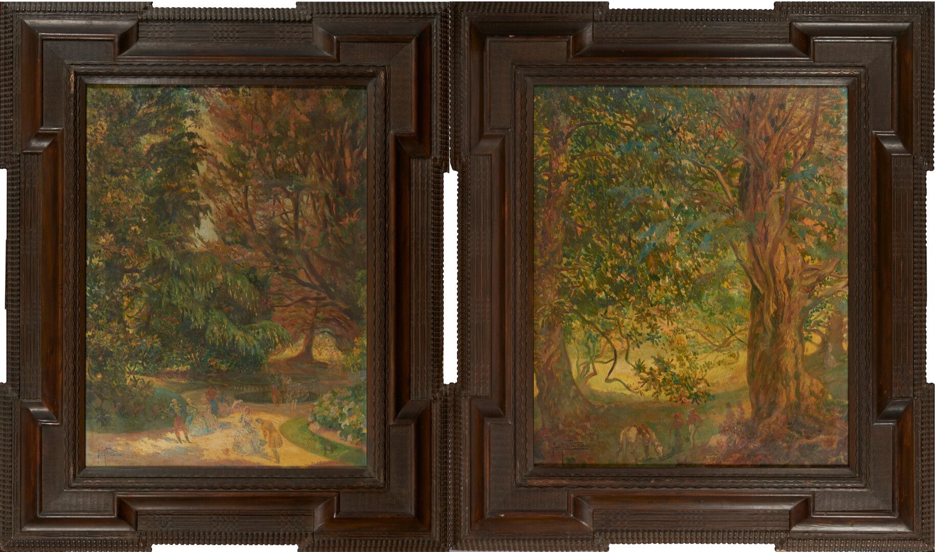 Null 德拉-佩尼亚-何塞1887-1961)

"公园里的接待 "两幅布面油画，左下角有签名 - 73x55和73x61

它们的背面有350和351的编号&hellip;