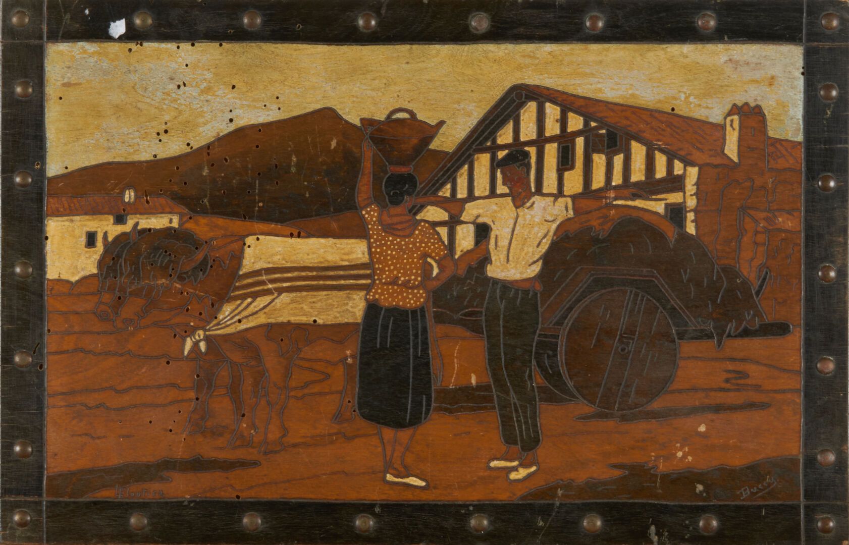 Null BUSSY 

"In front of the farm" pyrographed wood after Floutier - 24x37,5