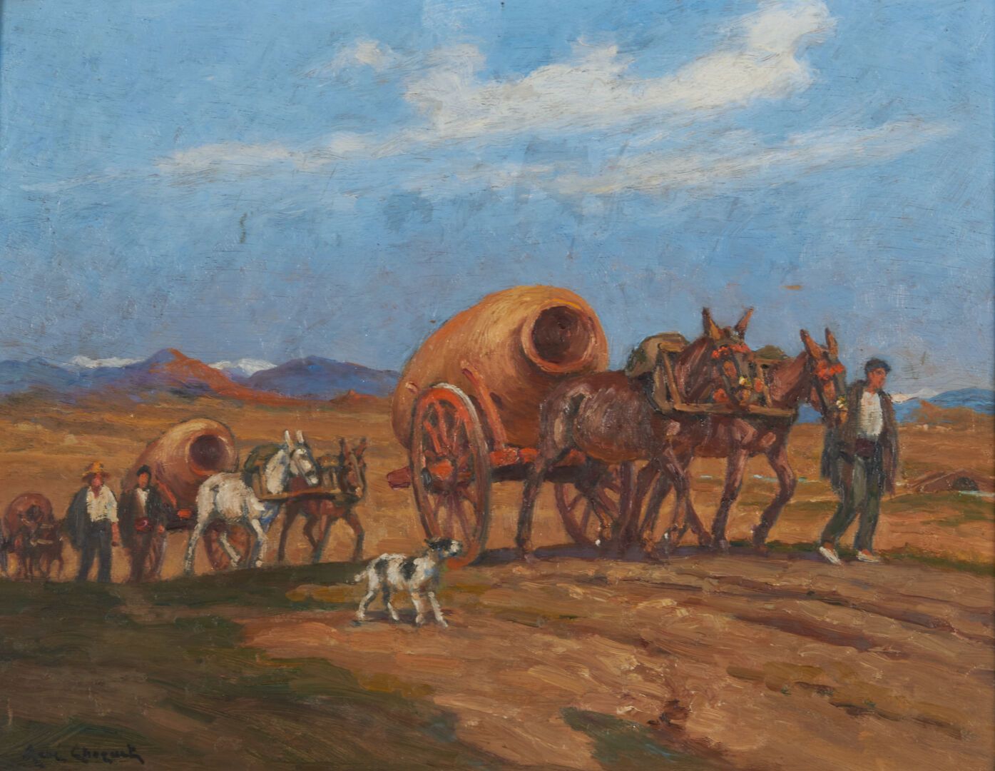Null 肖克(René) (1872-1958)

"旧卡斯蒂利亚的罐子运输 "板面油画，左下方有签名，背面有标题 - 27x35