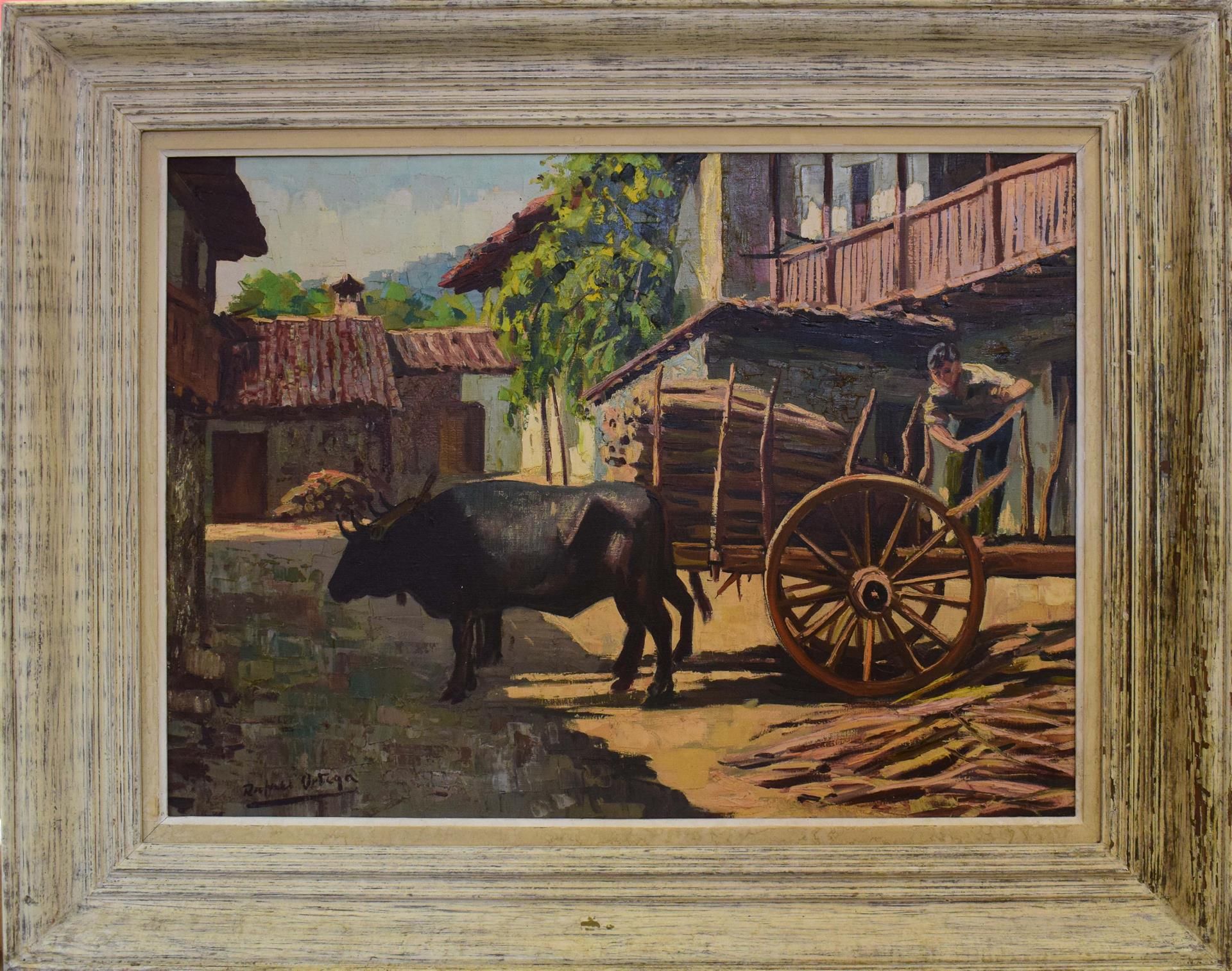 Null ORTEGA Rafael 

"The unloading of the wood" oil on canvas signed lower left&hellip;