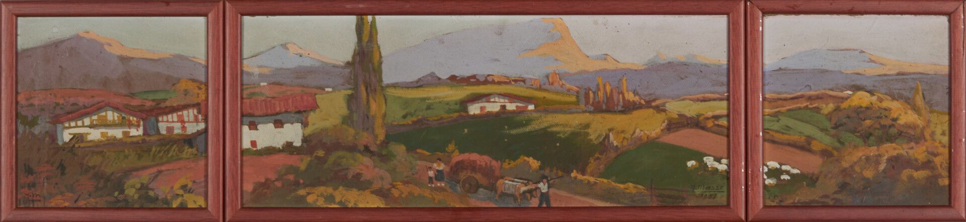 Null 马塞-伊冯 (1892-1957)

"巴斯克的乡村"，三幅水粉画在纸板上形成一个尝试，中央面板右下角有签名，日期为1983年，两个外部面板有首字母签&hellip;