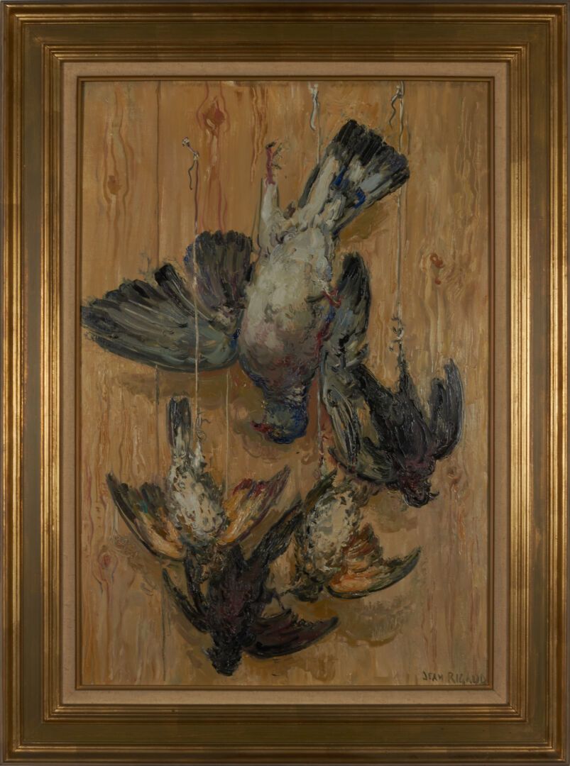 Null 里高德-让 (1912-1999)

"鸽子、黑鸟和鸫鸟"，布面油画，右下方有签名，背面有标题和日期81 - 73x50