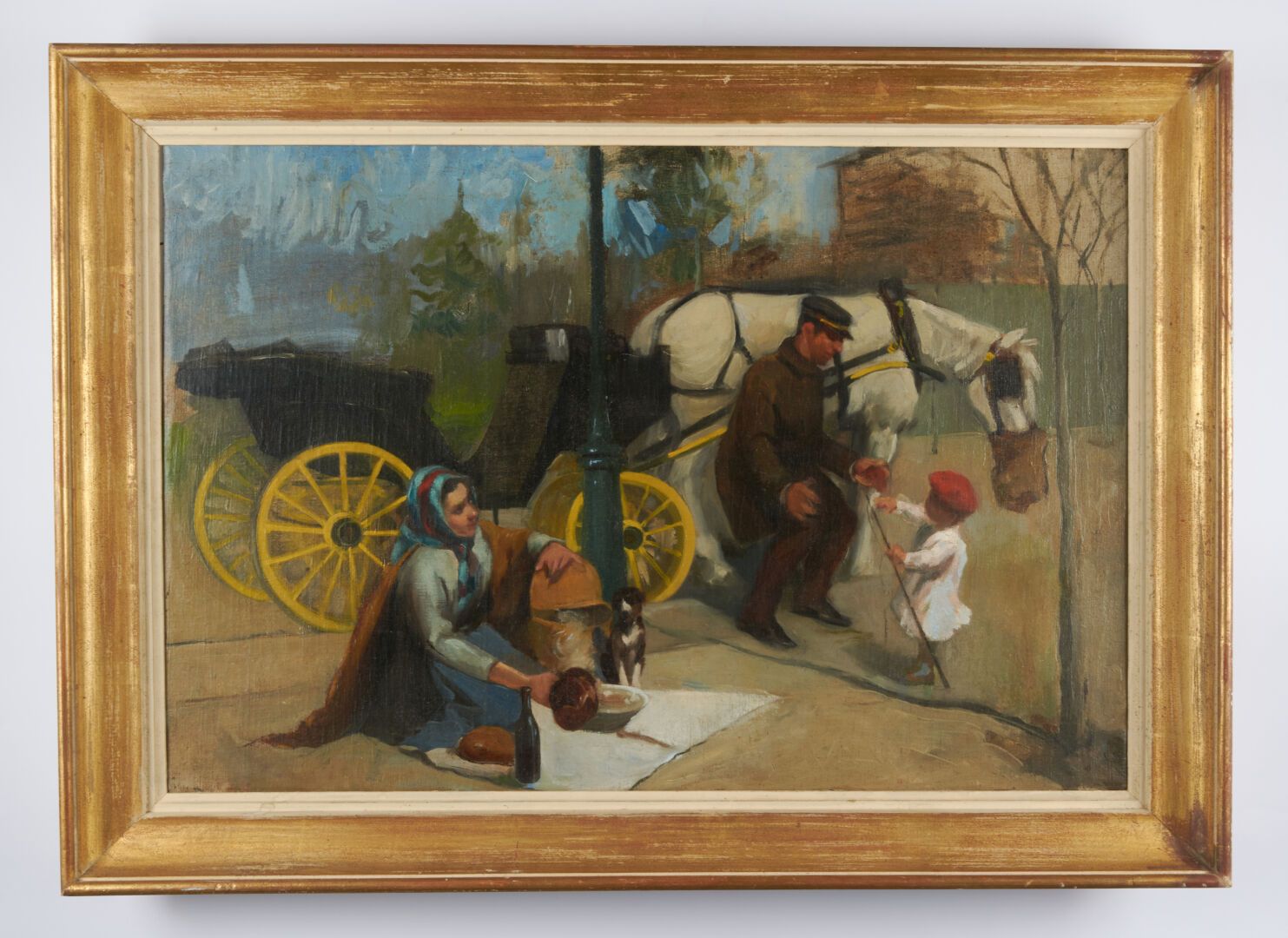 Null 现代学校

"马车夫和他的家庭 "布面油画，背面在画框上有注释 安吉尔-迪亚斯-贝尔塔斯 - 47,5 x 70,5（事故和修复）。