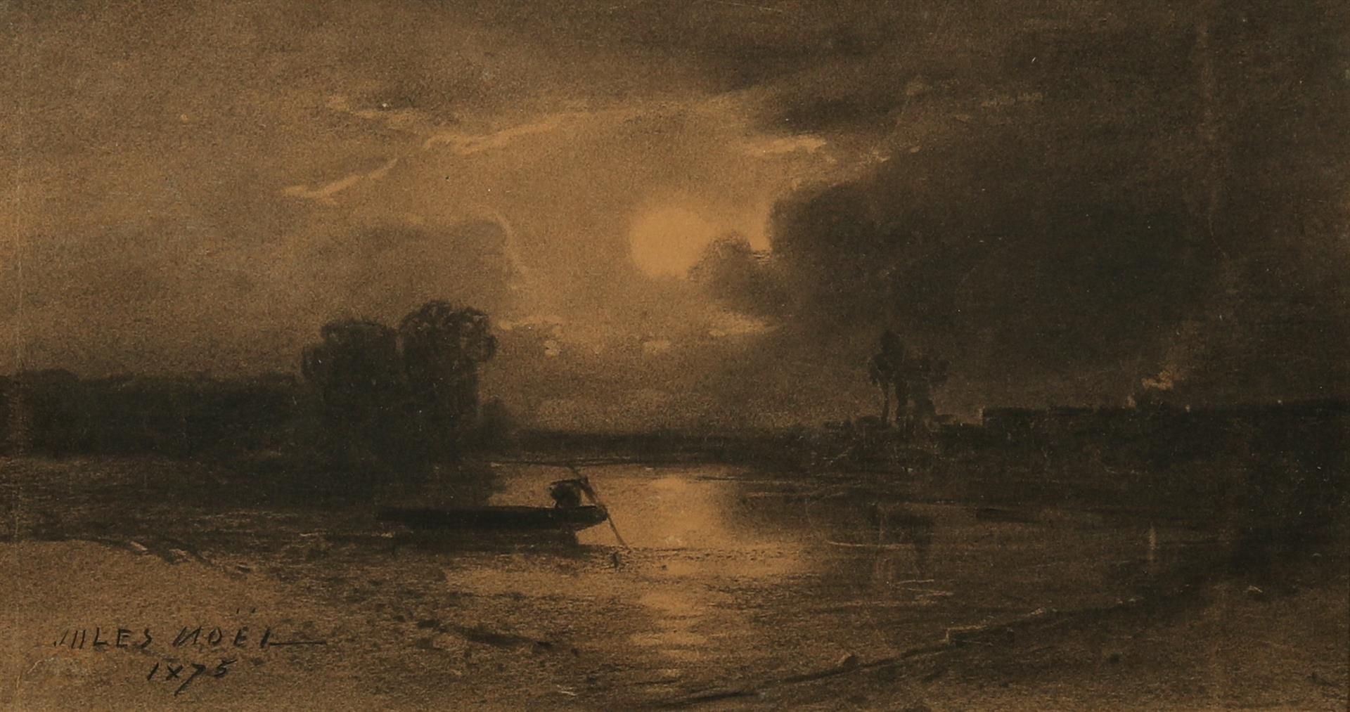 Null 诺尔-朱尔斯 (1810-1881)

"河上的月光 "炭笔画，左下角有签名，日期为1875年 - 20x36（有折叠的痕迹）。