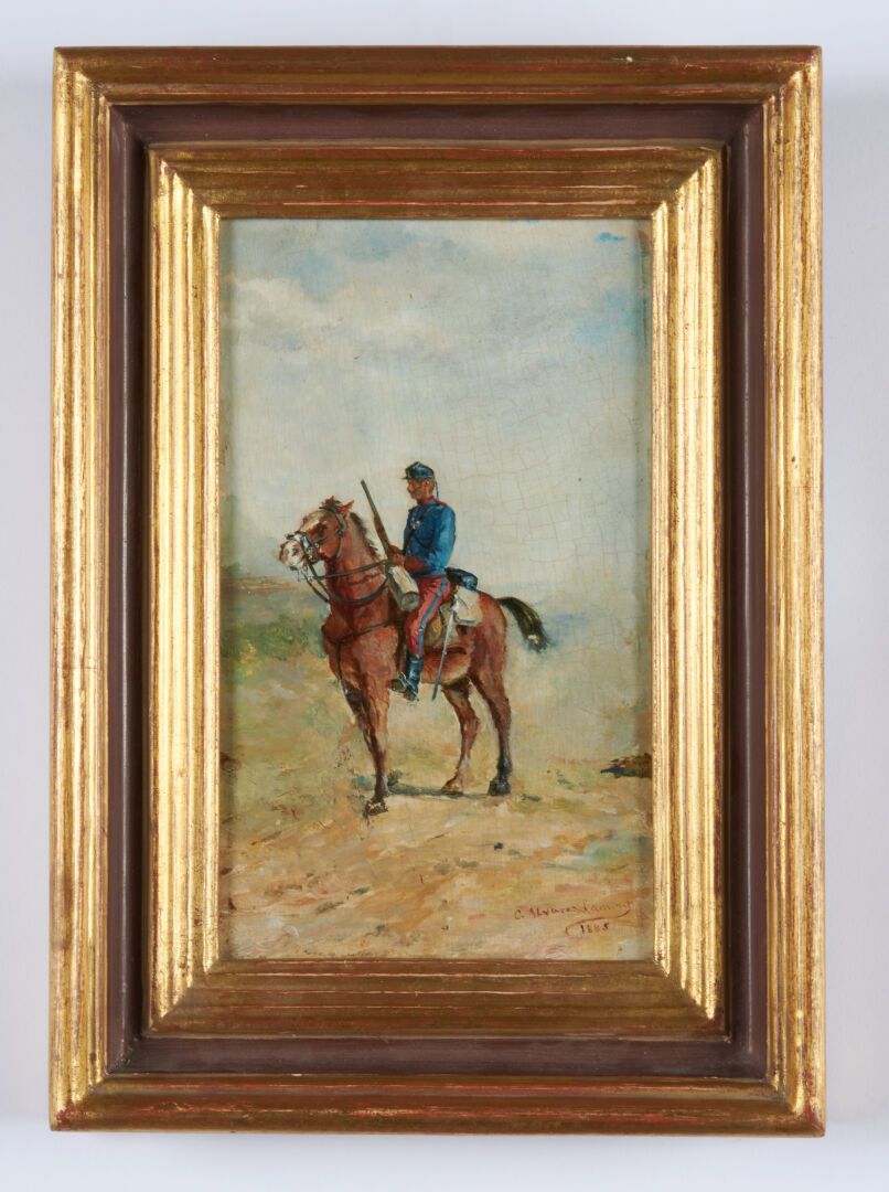 Null 阿尔瓦雷斯-杜蒙-塞萨尔 (1866-1945)

"骑手 "板面油画，右下角有签名和日期1885 - 19x11,5