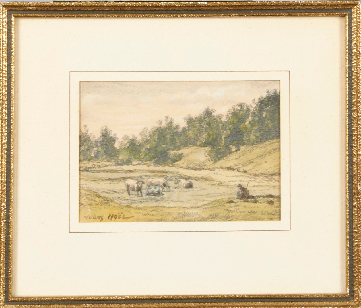 Null NOEL Jules (1810-1881) 

"El pastor y su rebaño" dibujo en acuarela firmado&hellip;