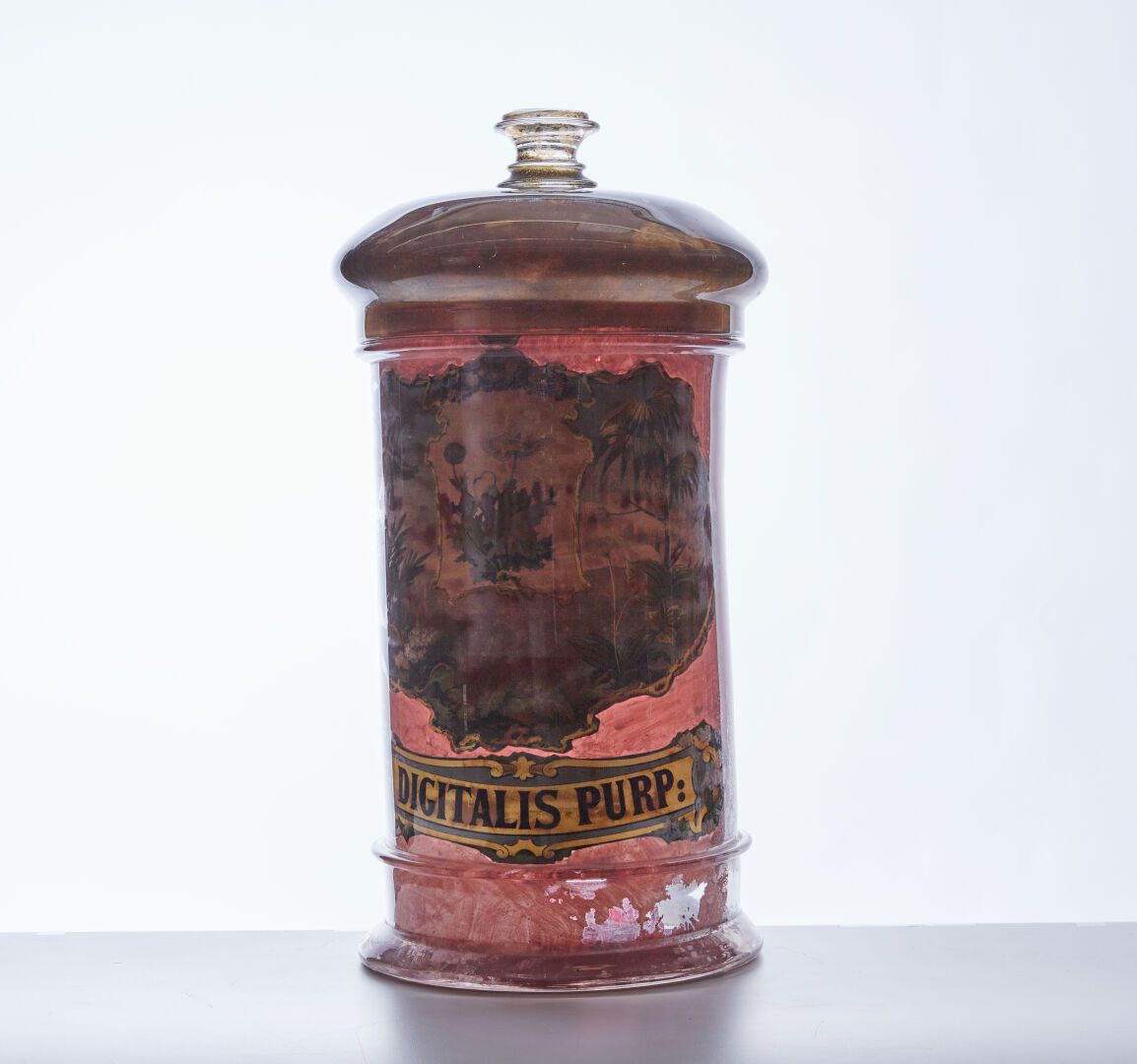 Null Un vaso per medicine in vetro dipinto Digitalis Purpura - H: 53