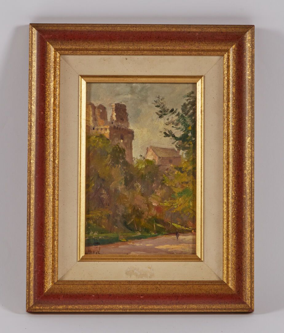 Null 赫夫-阿贝尔（1858-？）

"城堡的景色"。

左下角签名的板上油画

23,5 x 16 cm