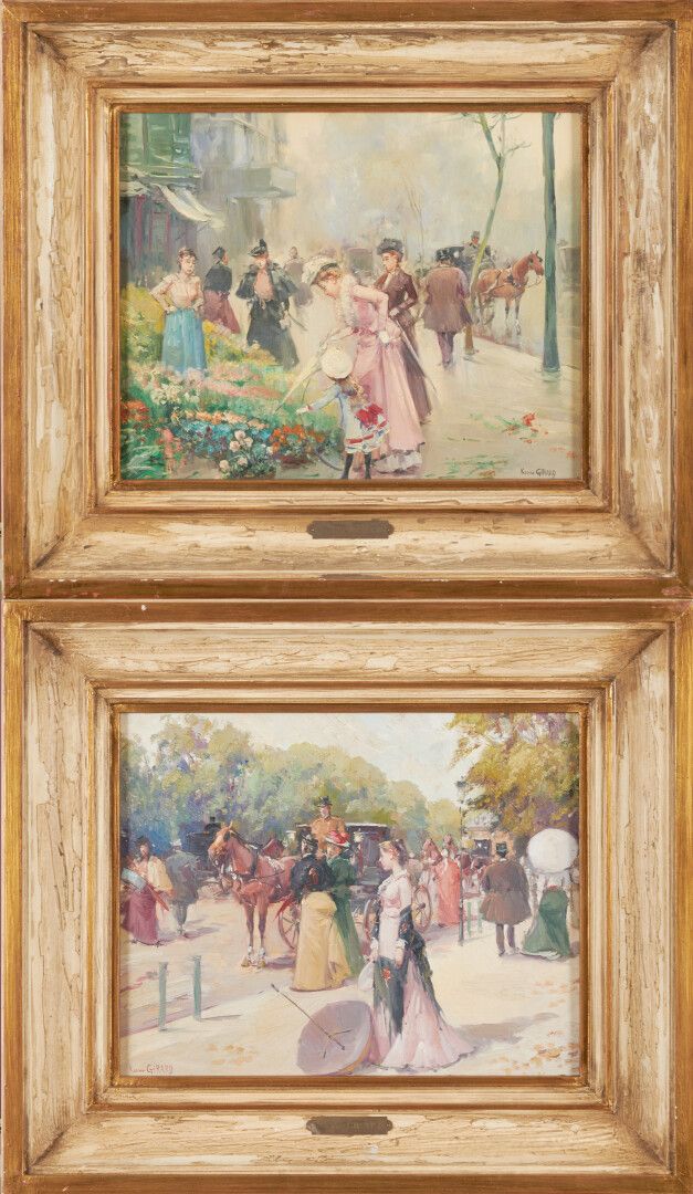 Null GIRARD Karine (生于1965年)

"动画的街道"。

画板上的油彩，一幅有左下角签名，另一幅有右下角签名

33 x 40厘米