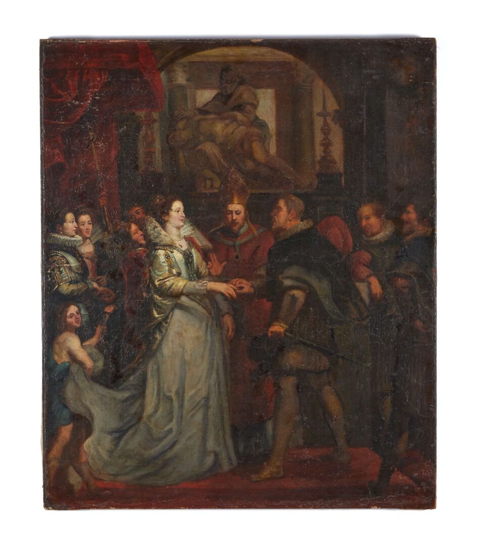 Null 17世纪的味道

"凯瑟琳-德-美第奇的婚礼

布面油画

77,5 x 65 cm

(有框架，有裂缝)