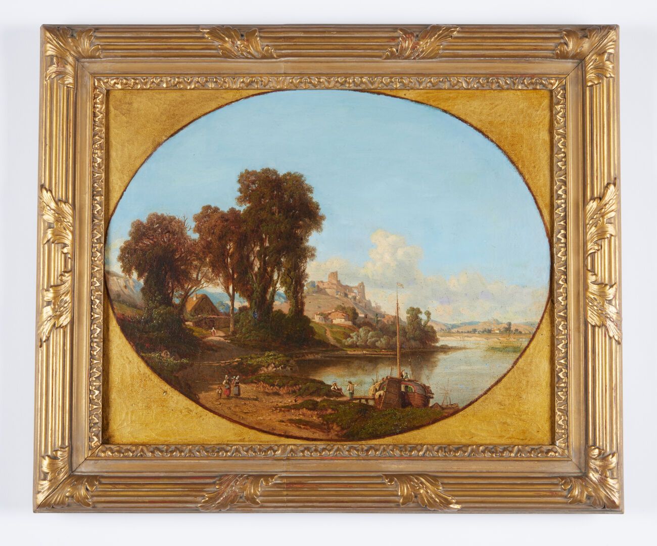 Null 19世纪的学校

"有湖和人的风景"。

椭圆形视图的布面油画，左下角有一个签名的字样

32 x 40厘米