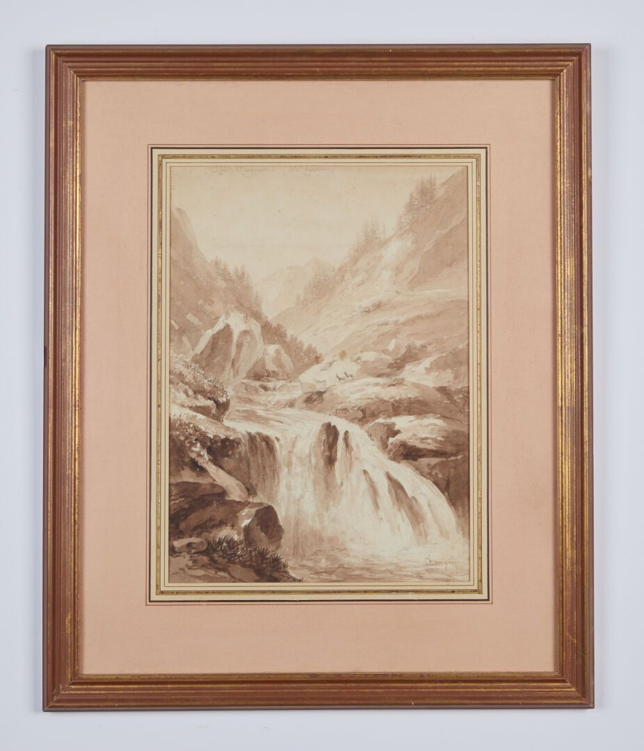 Null 尚宾-让-雅克 (1796-1860)

"瀑布边上的鹿"。

水洗画，顶部注有 "cascade de Manhourat"，右下方有签名，位于顶部&hellip;