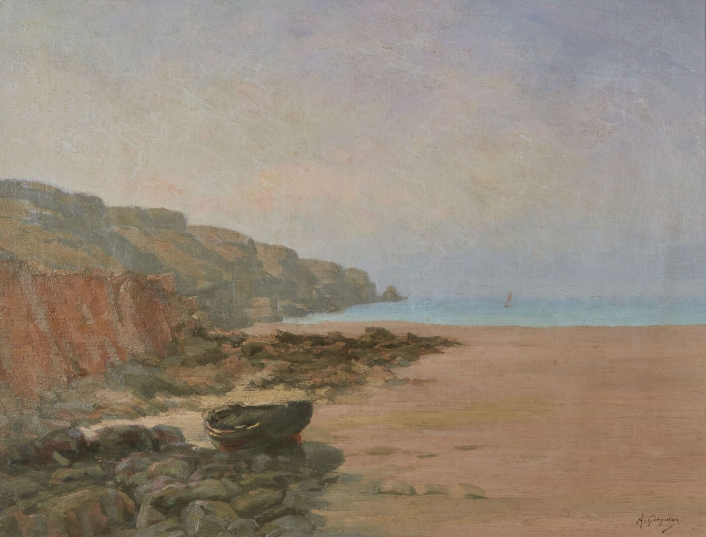 Null GICQUEAU Auguste (1858-?)

"海岸上的船"。

布面油画，右下角有签名

46 x 61 厘米