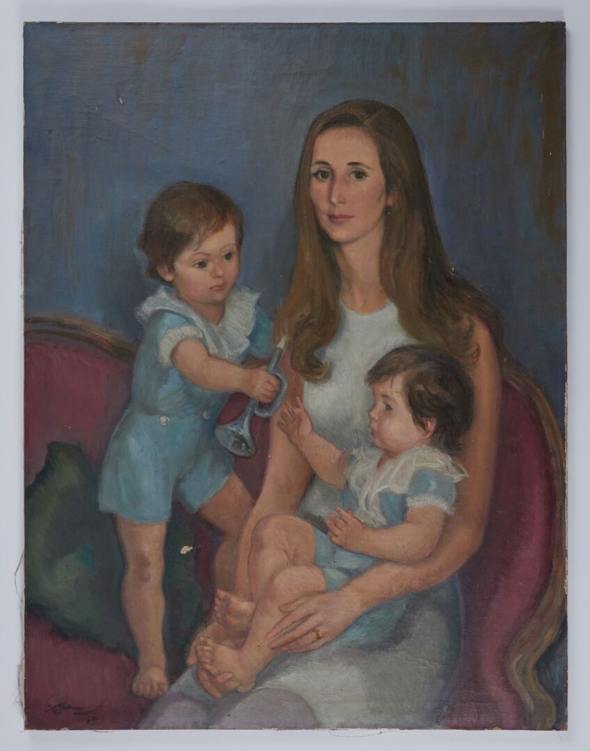 Null REUS
"Mère et ses enfants" 
Huile sur toile signée en bas à gauche et datée&hellip;