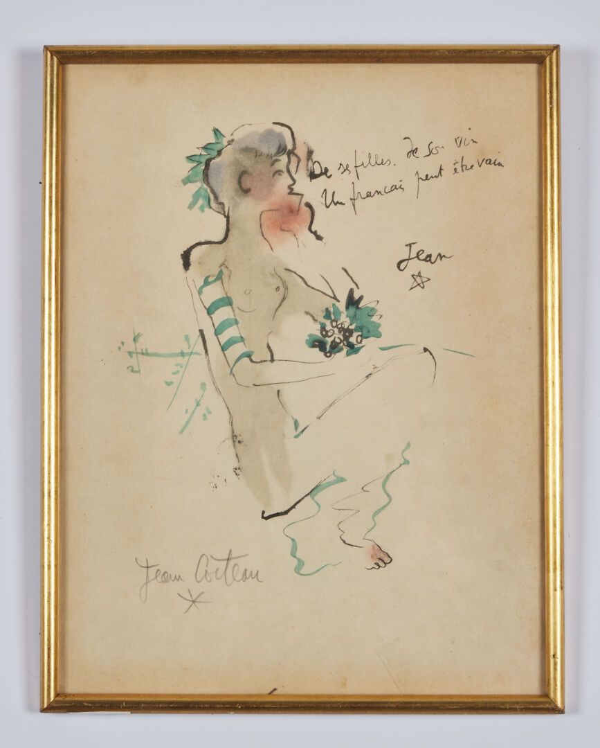 Null 柯克托-让 (1889-1963)
"对于他的女儿，对于他的酒，一个法国人可以是虚荣的"。 
左下角有签名的印刷品
32,5 x 24,5 cm
