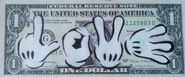 Amorce CASH ART
"Love"
Mixed media on real 1$ bill, stencil and spray can
7 x 15&hellip;