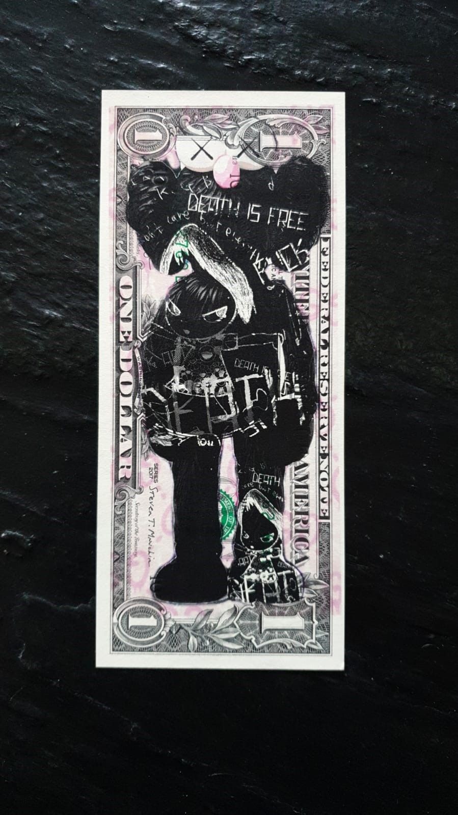 DEATH NYC Véritable billet d’un dollar sérigraphié de l’artiste DEATH NYC, signé&hellip;