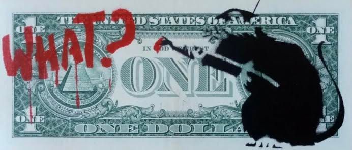 Amorce ARTE DA CASSA 
"Ratto di Banksy
Tecnica mista su vera banconota da 1 doll&hellip;