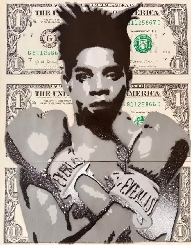 Amorce 现金艺术 - 三联画
"J.M. Basquiat
混合媒体在三张真正的1美元纸币上，模板和喷壶
每个7 x 15厘米
背面有签名