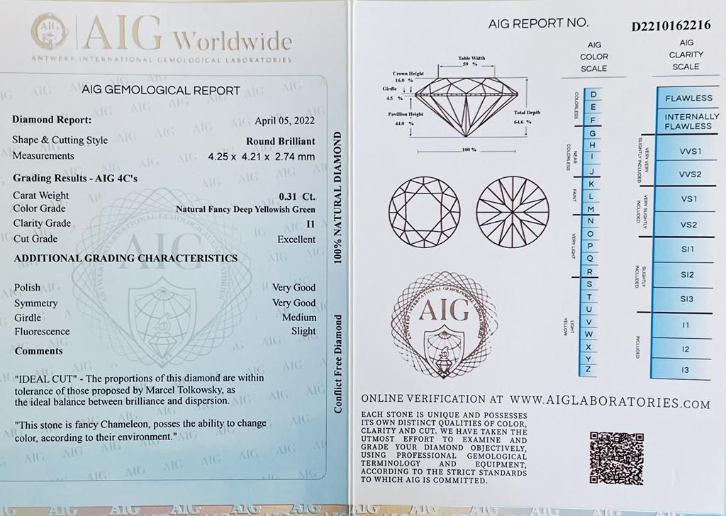 Null 0.31克拉深黄绿色钻石 - I1 - 明亮式切割 - AIG证书 - F20305-9