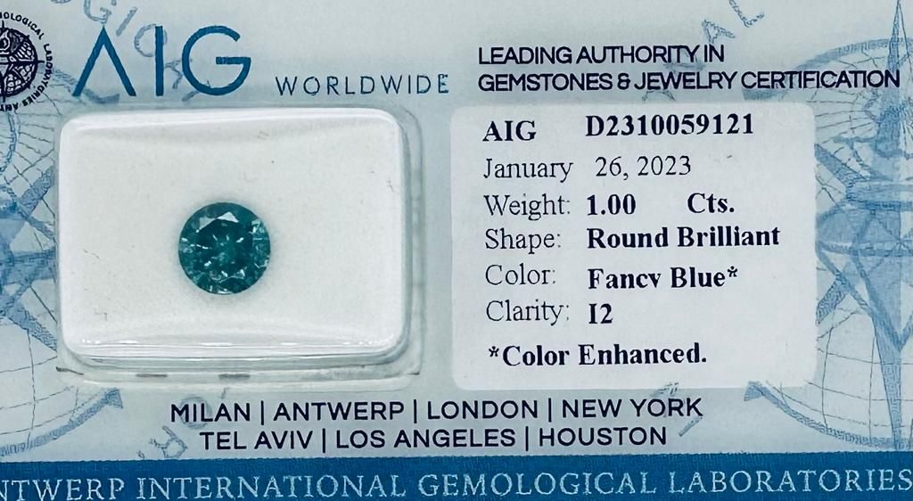 Null 钻石1克拉彩蓝*颜色高尚，净度i2 - 明亮式切割 - AIG证书 - C30106-7