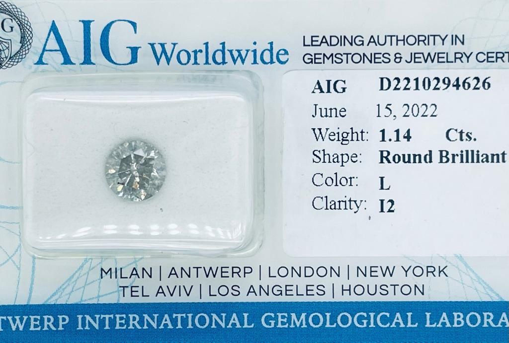 Null 钻石 1.14克拉 L - I2 - 明亮式切割 - AIG证书 + 激光雕刻 - C20605-11