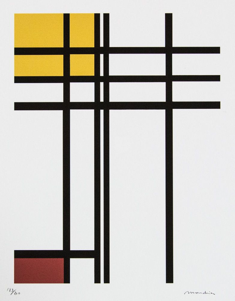 Piet Mondrian 皮埃特-蒙德里安（后）的 "线条的对立面，红色和黄色 "石版印刷品，右下角签名，左下角铅笔编号，限量版183/200，左下角出版社印&hellip;