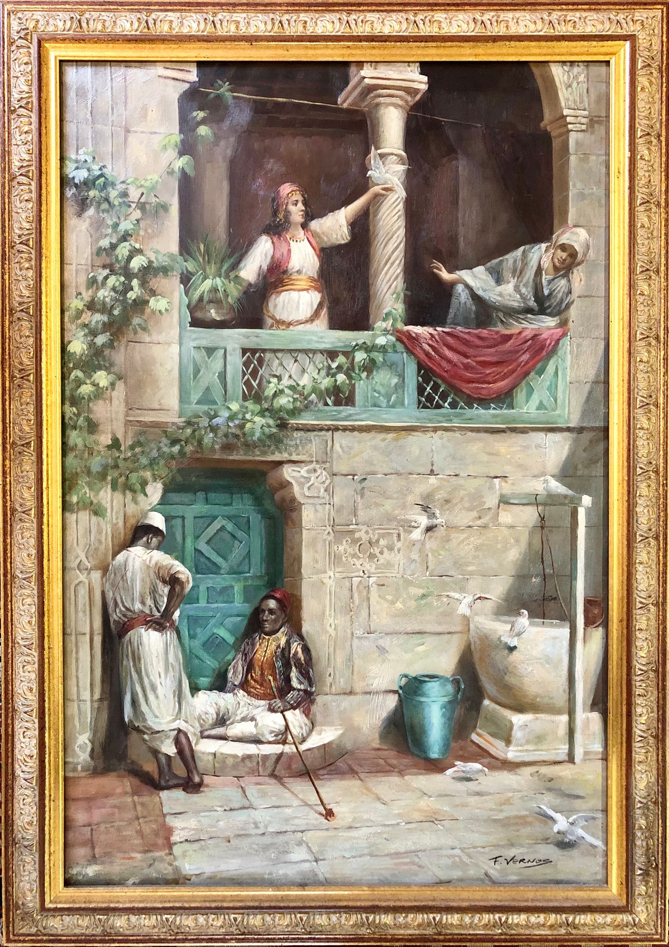 F.VERNOS (XXème) Oil on orientalist canvas representing a lively genre scene, si&hellip;