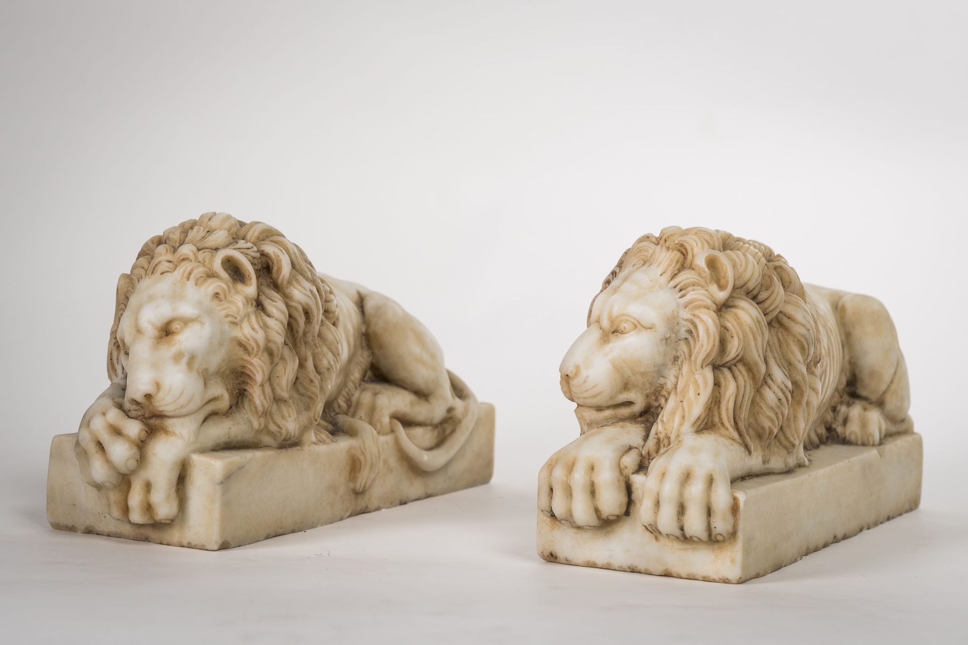 Null Coppia di leoni in marmo di Carrara 16x30x11cm XX secolo