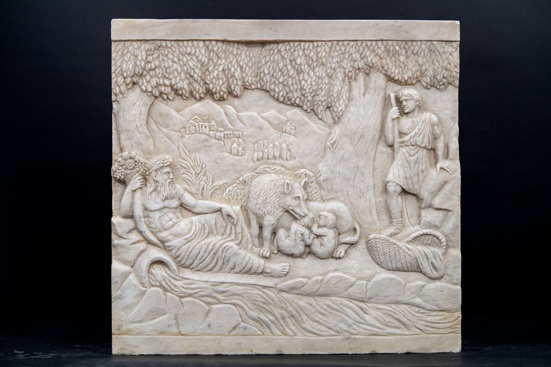 Null Relief, Romulus and Remus on the riverbed of Rome, 52x54x5cm - 20th century