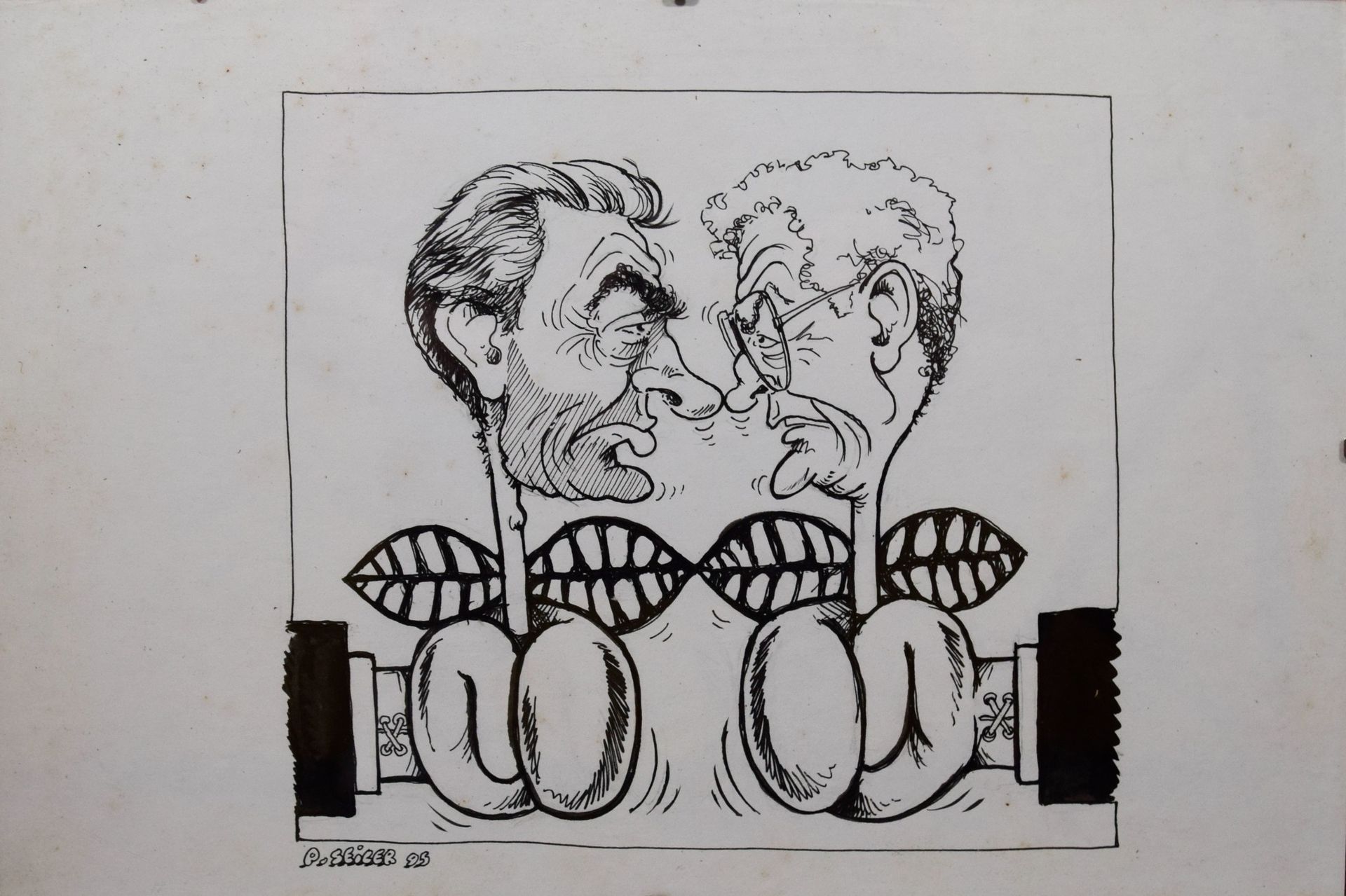 Patrice SEILER (1960) 约斯宾-埃马纽埃利拳击比赛的漫画水墨画有签名