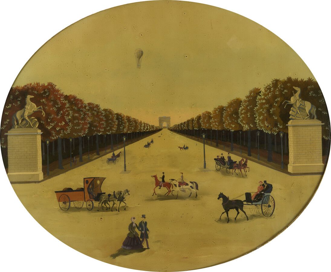 Null Grande peinture sous verre ovale représentant l'entrée des Champs Elysées, &hellip;