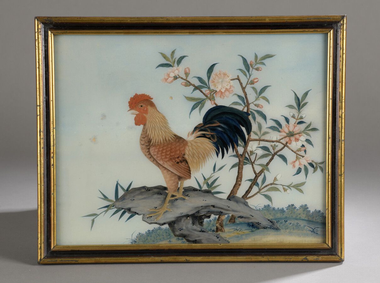 Null Trois peintures sous verre représentant un coq, une poule et ses poussins, &hellip;
