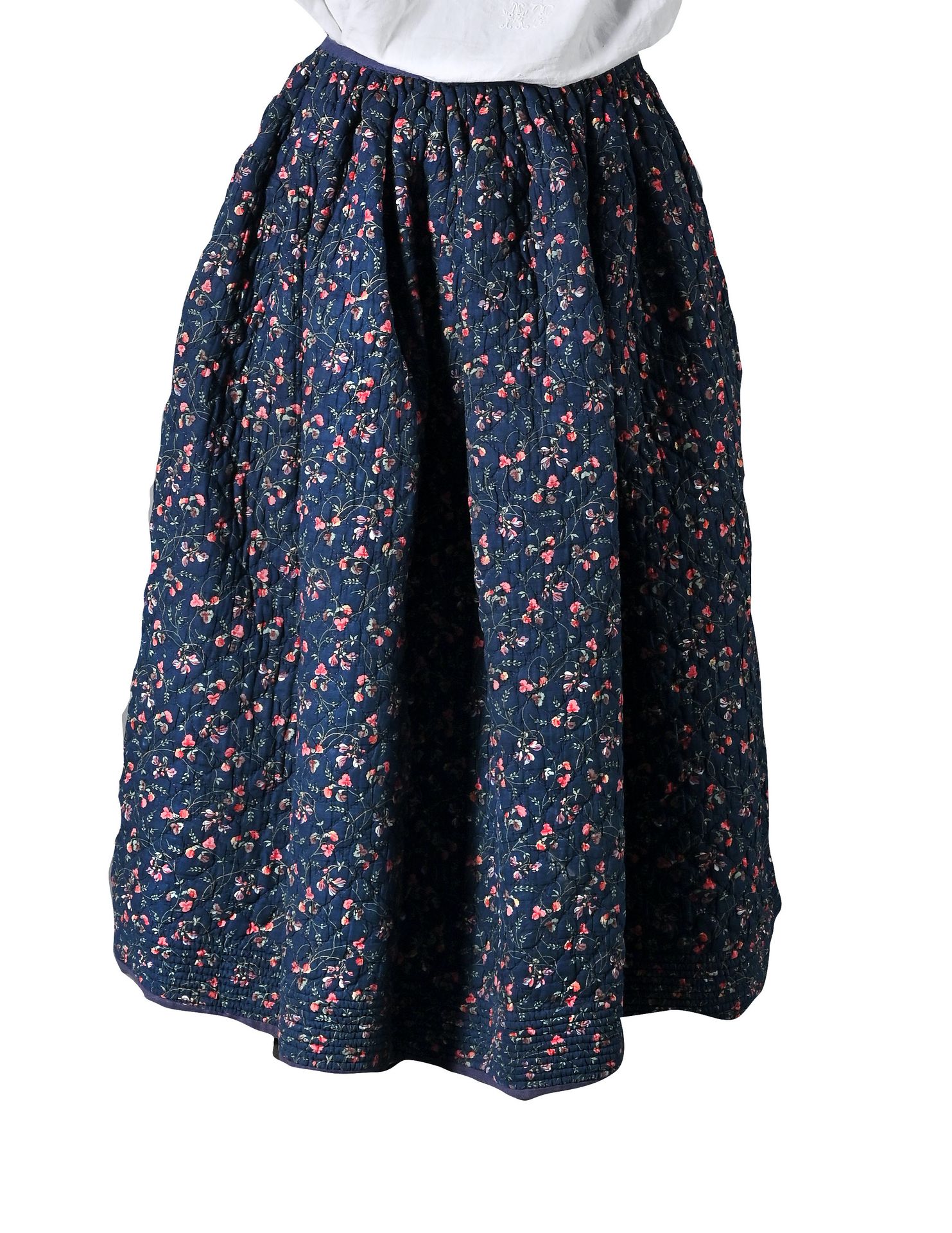 Jupon provençal en indienne, seconde moitié du XIXe siècle 
衬衣绗缝和小方块绗缝的印花布，在靛蓝背景&hellip;