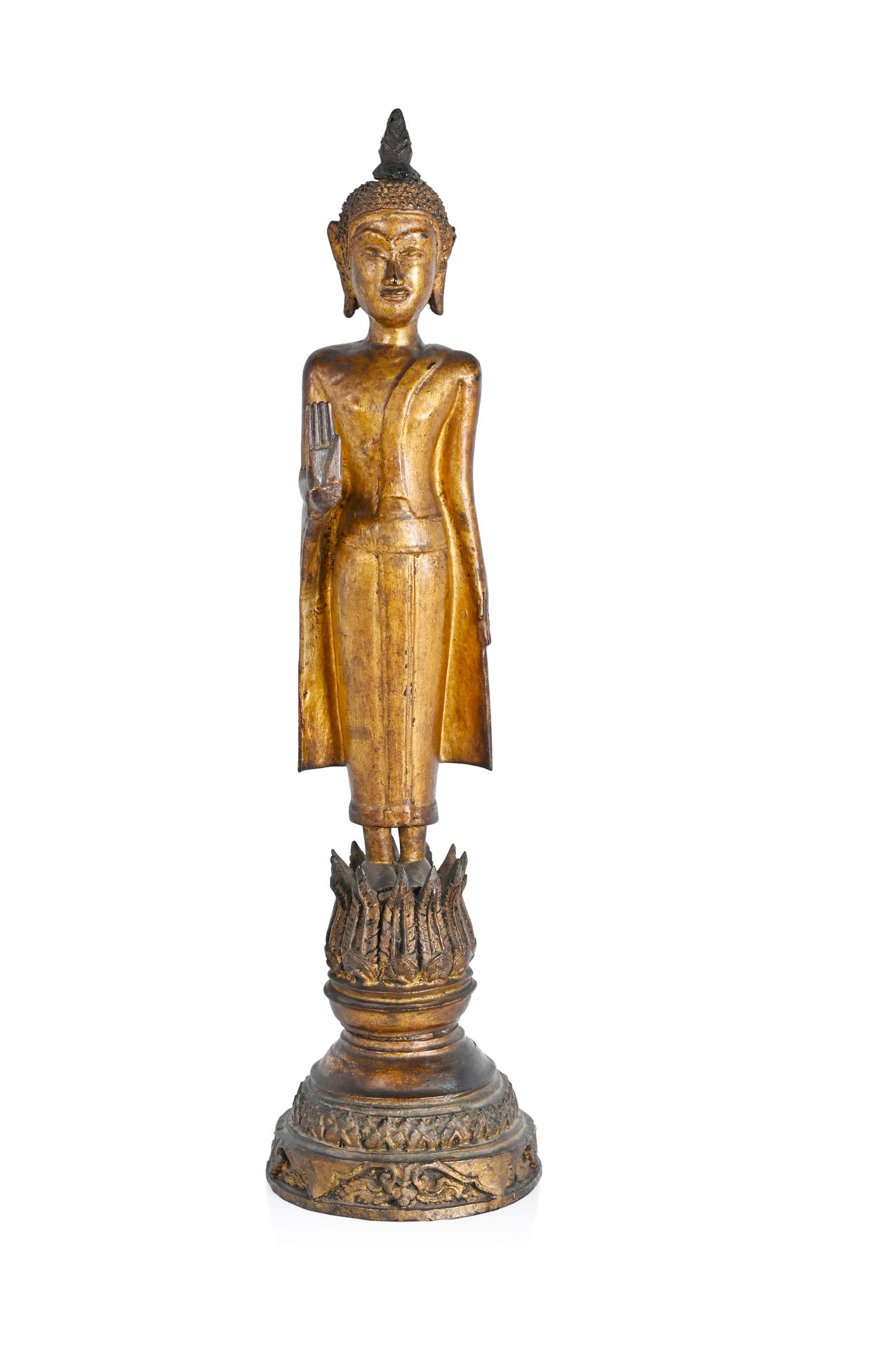 SIAM - début XIXème Buddha in legno laccato dorato, mano estesa in benedizione, &hellip;