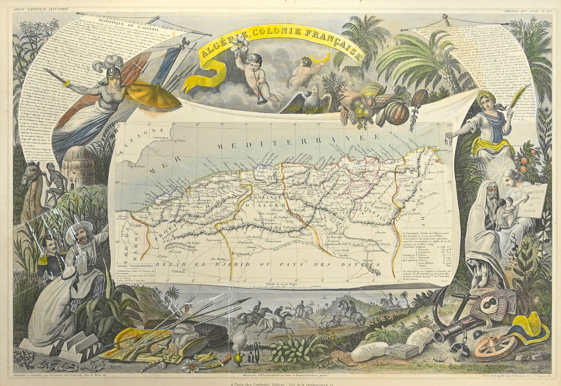 Victor LEVASSEUR (1800-1870) 阿尔及利亚，法国殖民地。巴黎，Combette，约1850年。

装饰丰富的彩色地图，取自《国家插图集&hellip;