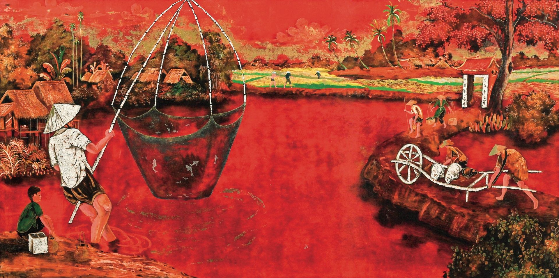 VIETNAM - Années 60,70 Lacktafel mit rotem Hintergrund, die einen Fischer am Ufe&hellip;