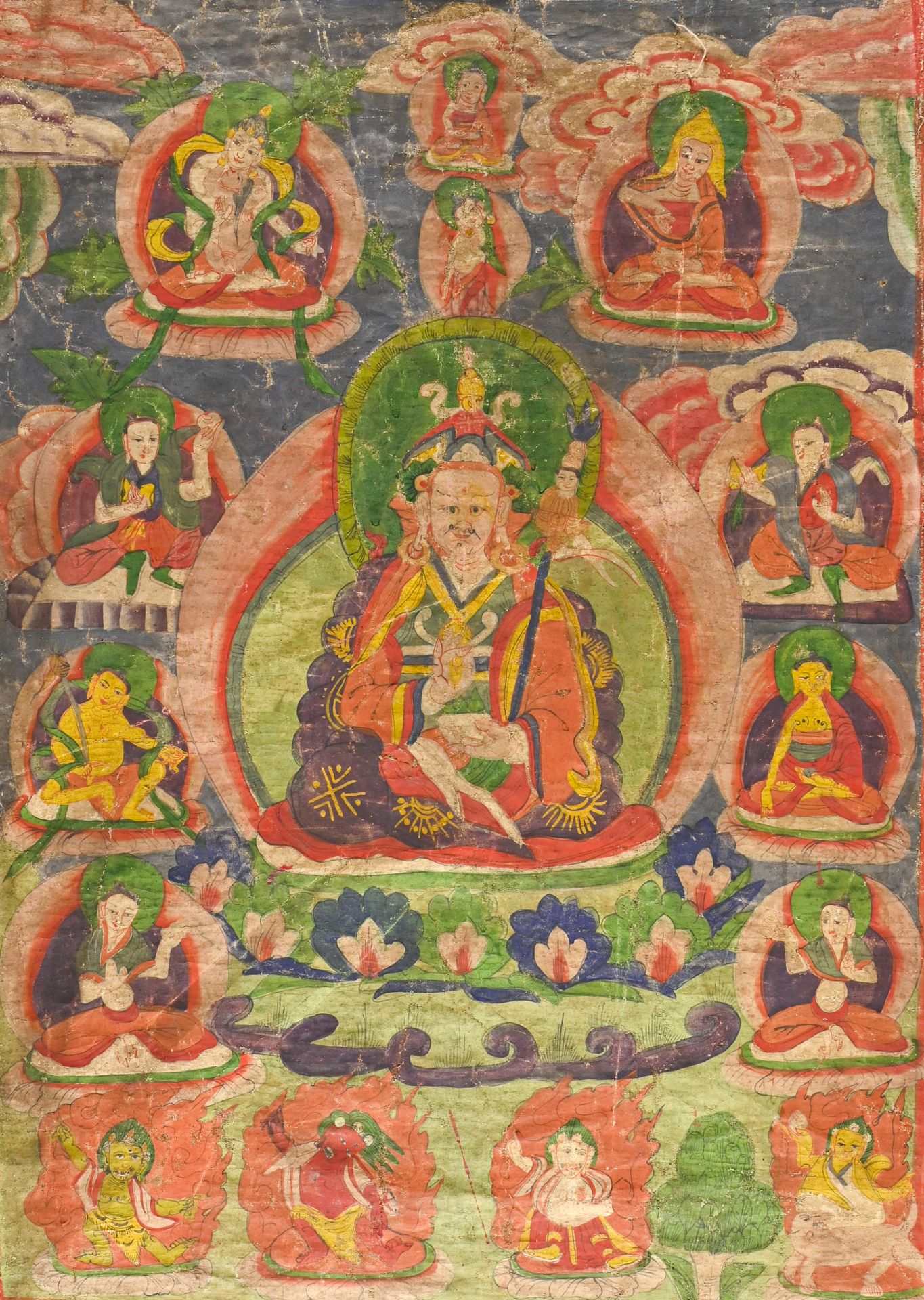 TIBET - XIXème siècle 唐卡与达赖喇嘛在八名弟子、四名地狱守护者和两名天堂仆人的包围中。

H.58 cm - W. 42 cm AS