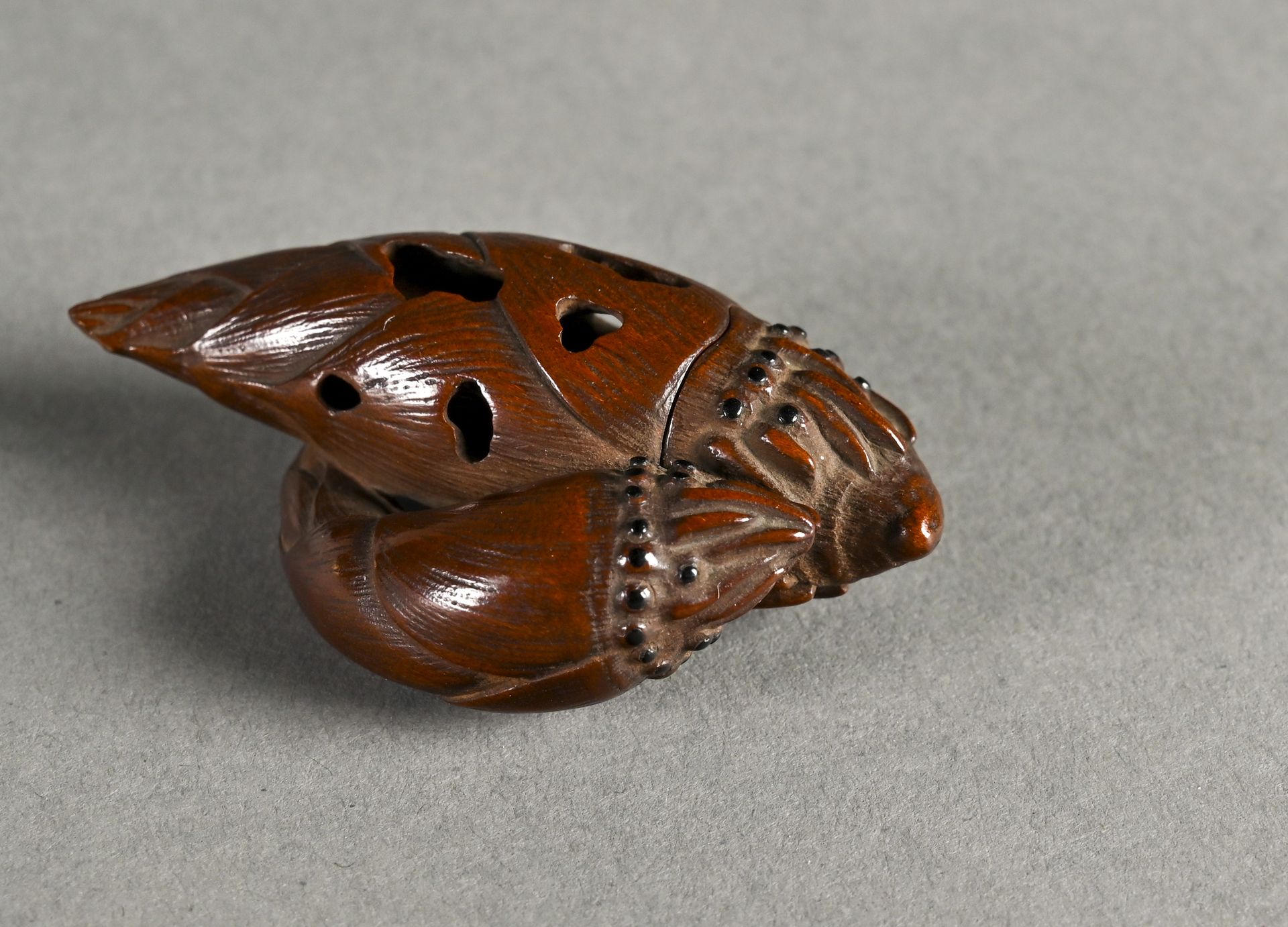 JAPON, Milieu XIXe siècle Carved boxwood netsuke with black horns inlay, represe&hellip;