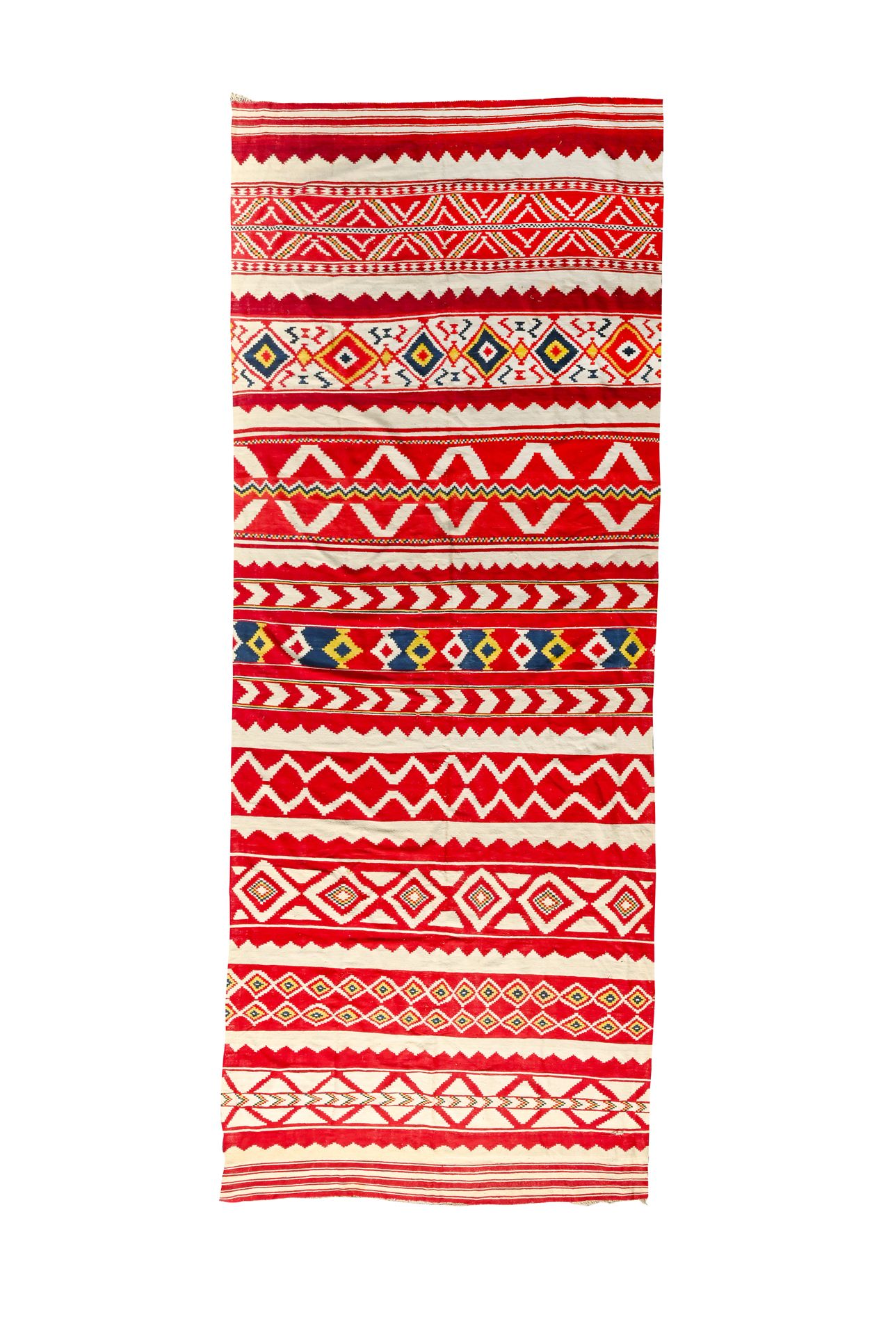 GRANDE TENTURE 羊毛制成的，有红白相间的格子和黄色菱形。

l.450厘米 - 长173厘米

磨损的