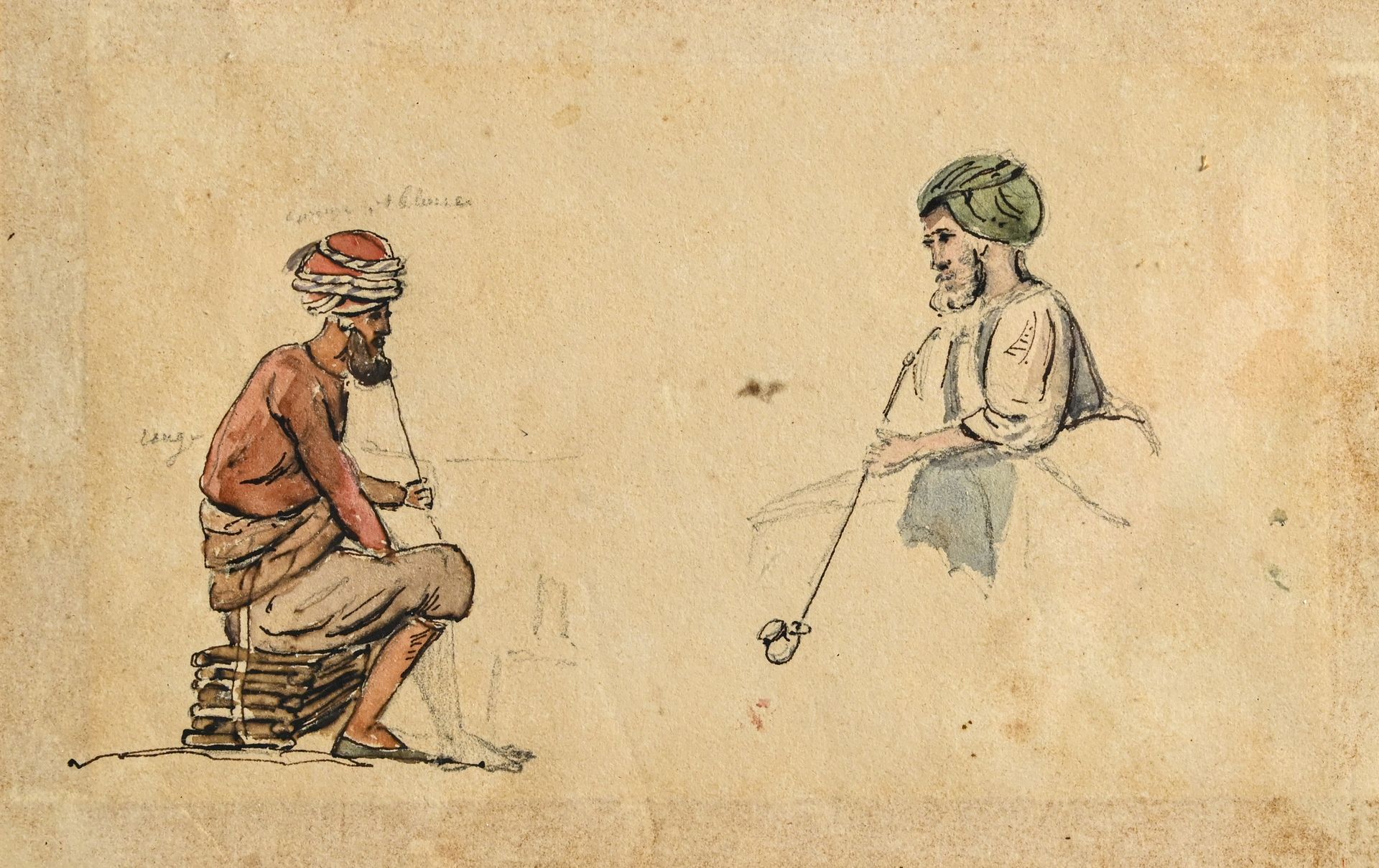 ANONYME 两个北非人物吸烟 部分水彩素描，有颜色指示。

H.12,5 cm - W. 18,5 cm at sight