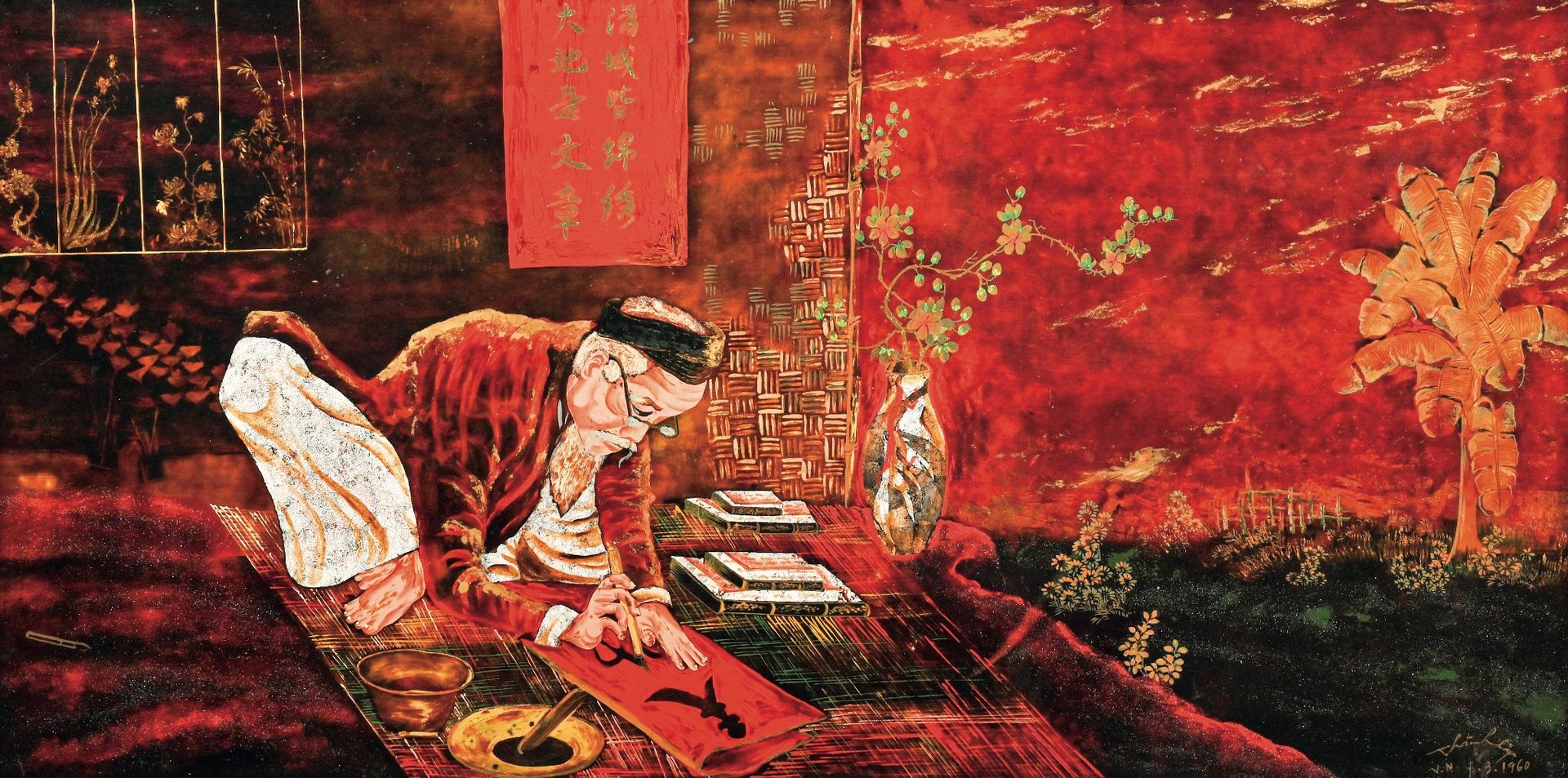 VIETNAM - Années 60,70 Lacktafel mit rotem Hintergrund, die einen Gelehrten dars&hellip;