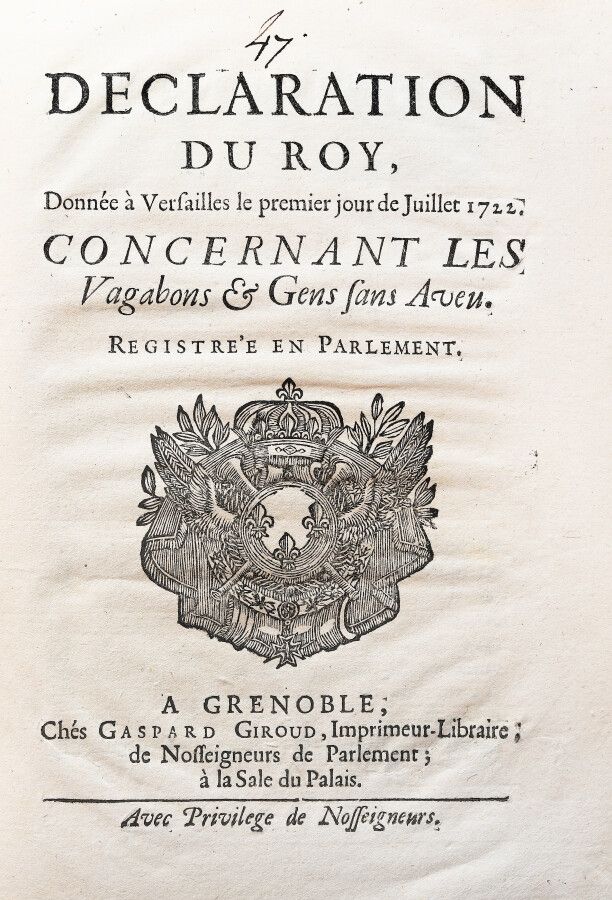 Null 国王关于流浪者和没有忏悔的人的声明。

格勒诺布尔，加斯帕德-吉鲁（1722）。4开本，共8页，现代纸板材质。

	1722年7月1日在凡尔赛发表的宣&hellip;
