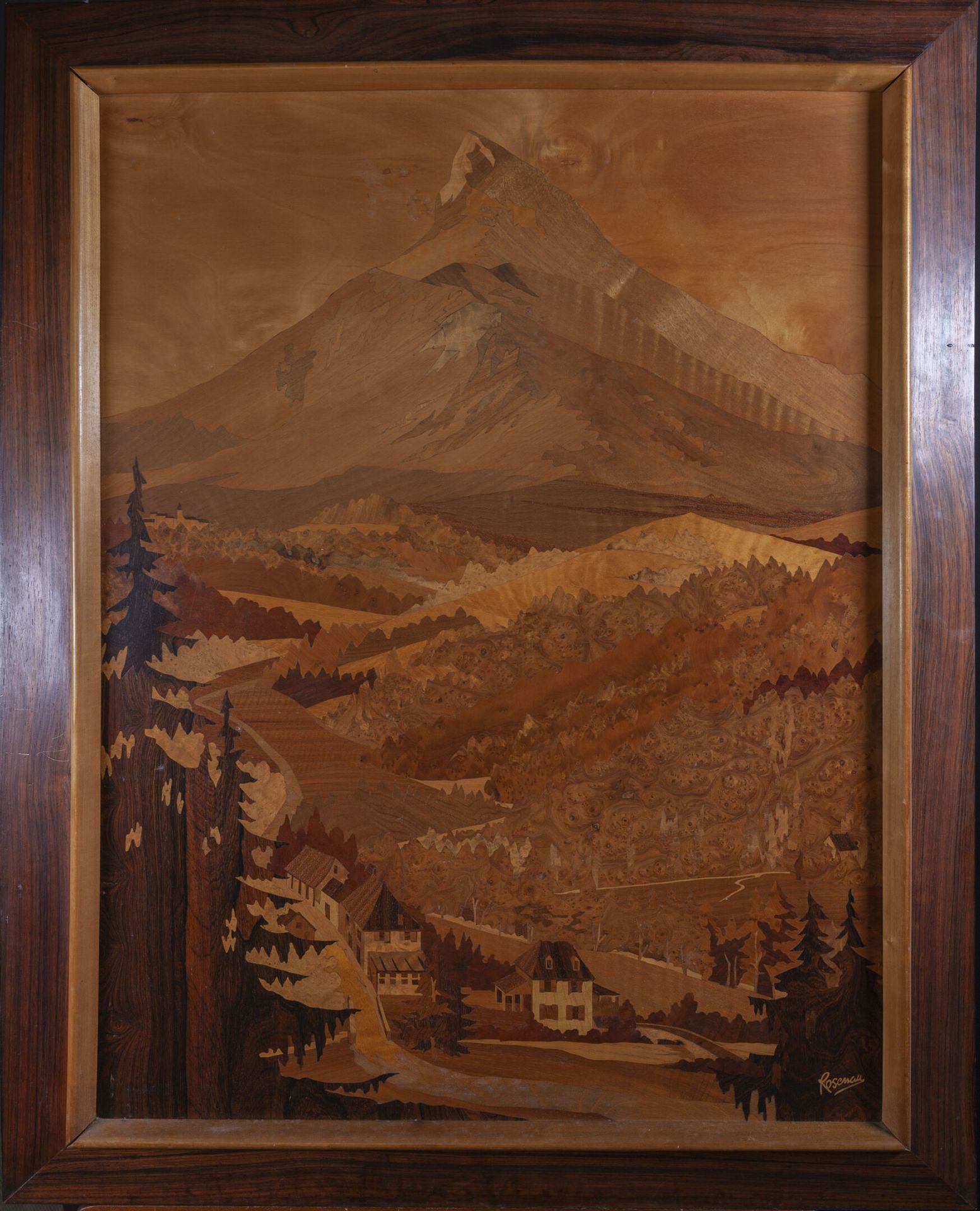 Null Grand tableau marqueté représentant un Paysage de Montagne, signé Rosenau

&hellip;