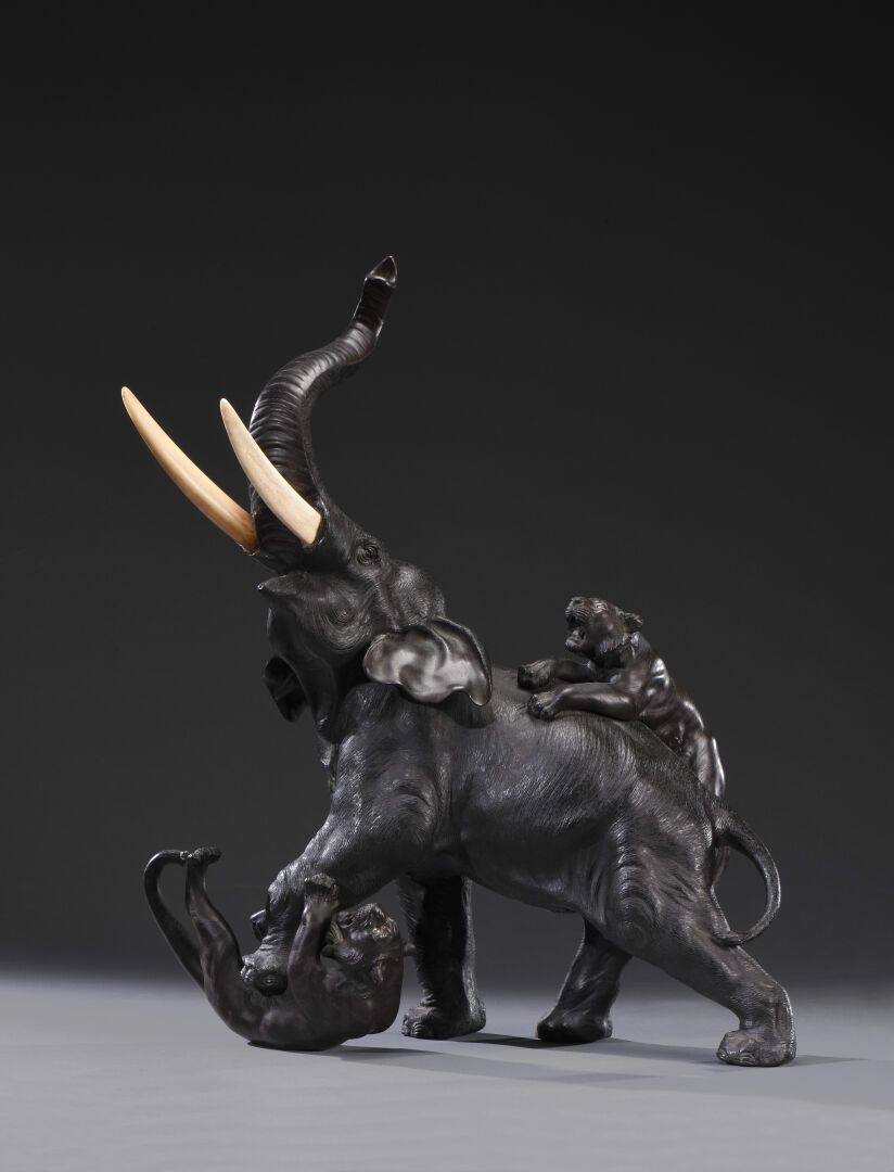 Null 日本，京都 - 明治时期(1868-1912)

大象被两只老虎袭击

大型青铜组，有棕色的铜锈，大象的身体完全是雕刻的，象牙是象牙，老虎的条纹部分被&hellip;