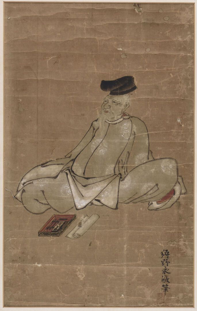 Null 日本 - 江户时代，元禄年间(1688-1704)

坐着的学者的肖像，他的卷轴和suzuribako在他的脚下，右下方署名 "Kano Eikei"&hellip;
