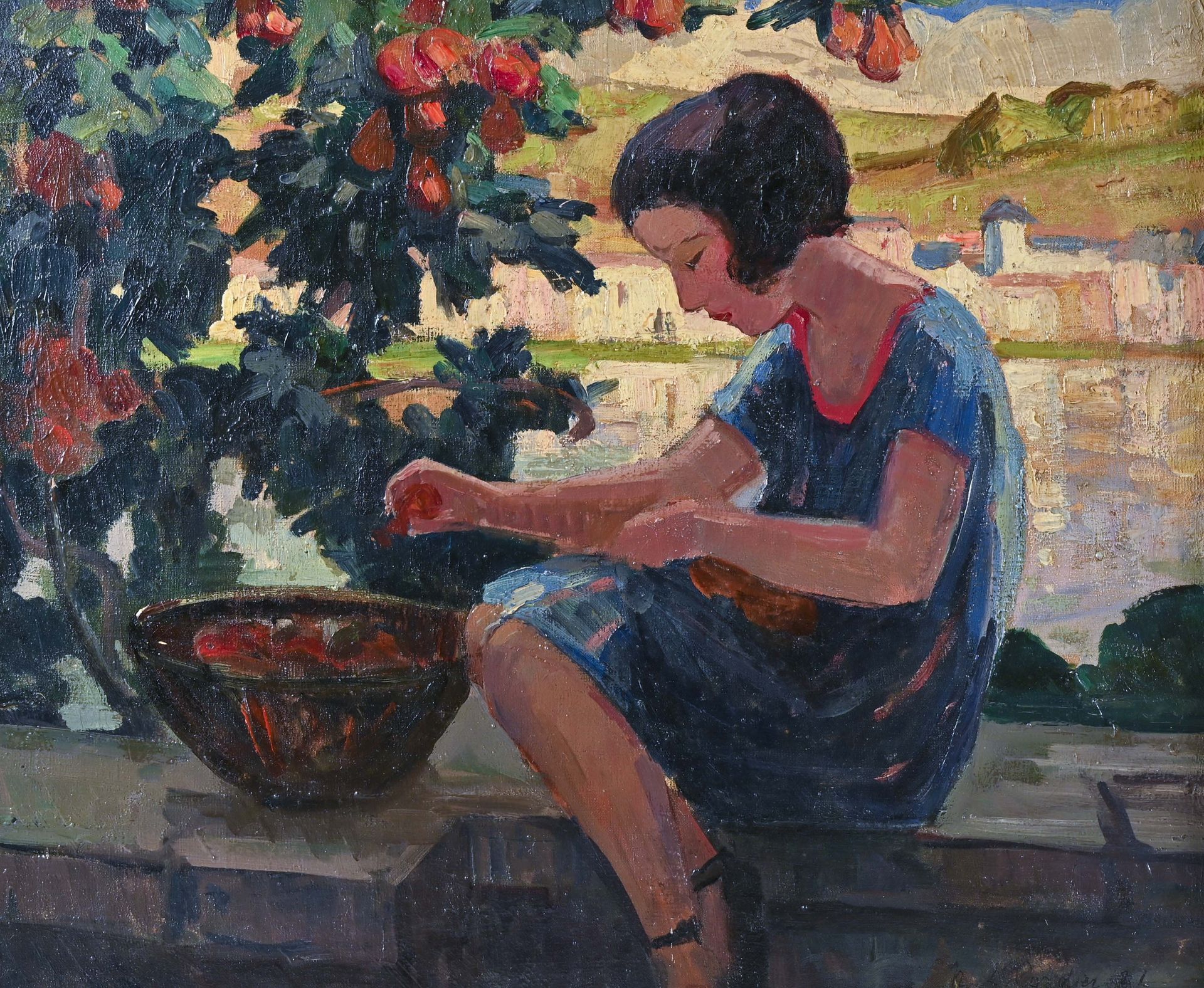 Marie-Louise CORDIER (1886-1927) Jeune fille cueillant des fruits près de la riv&hellip;