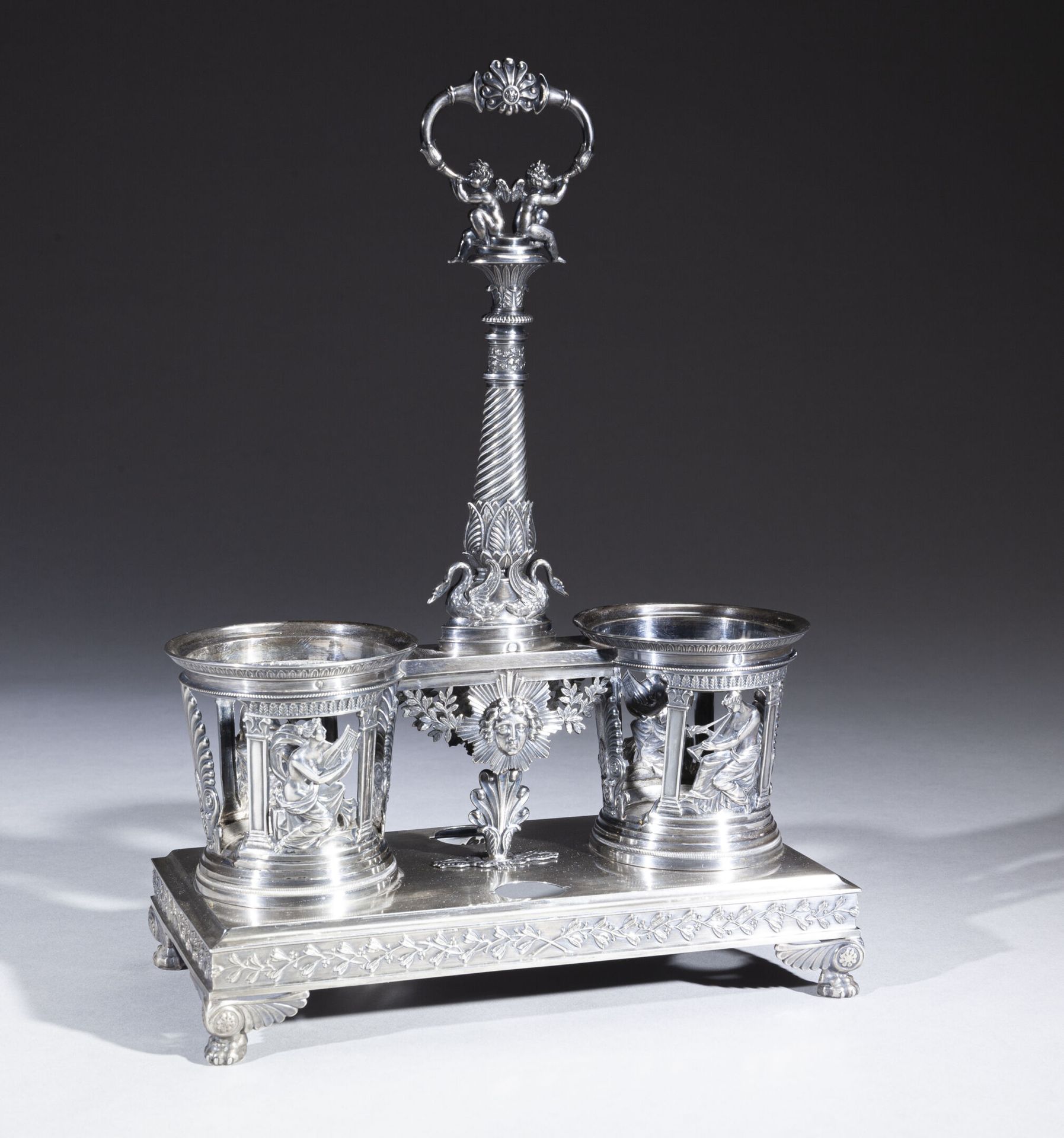 Null Important silver oil and vinegar cruet with a rectangular terrace decorated&hellip;