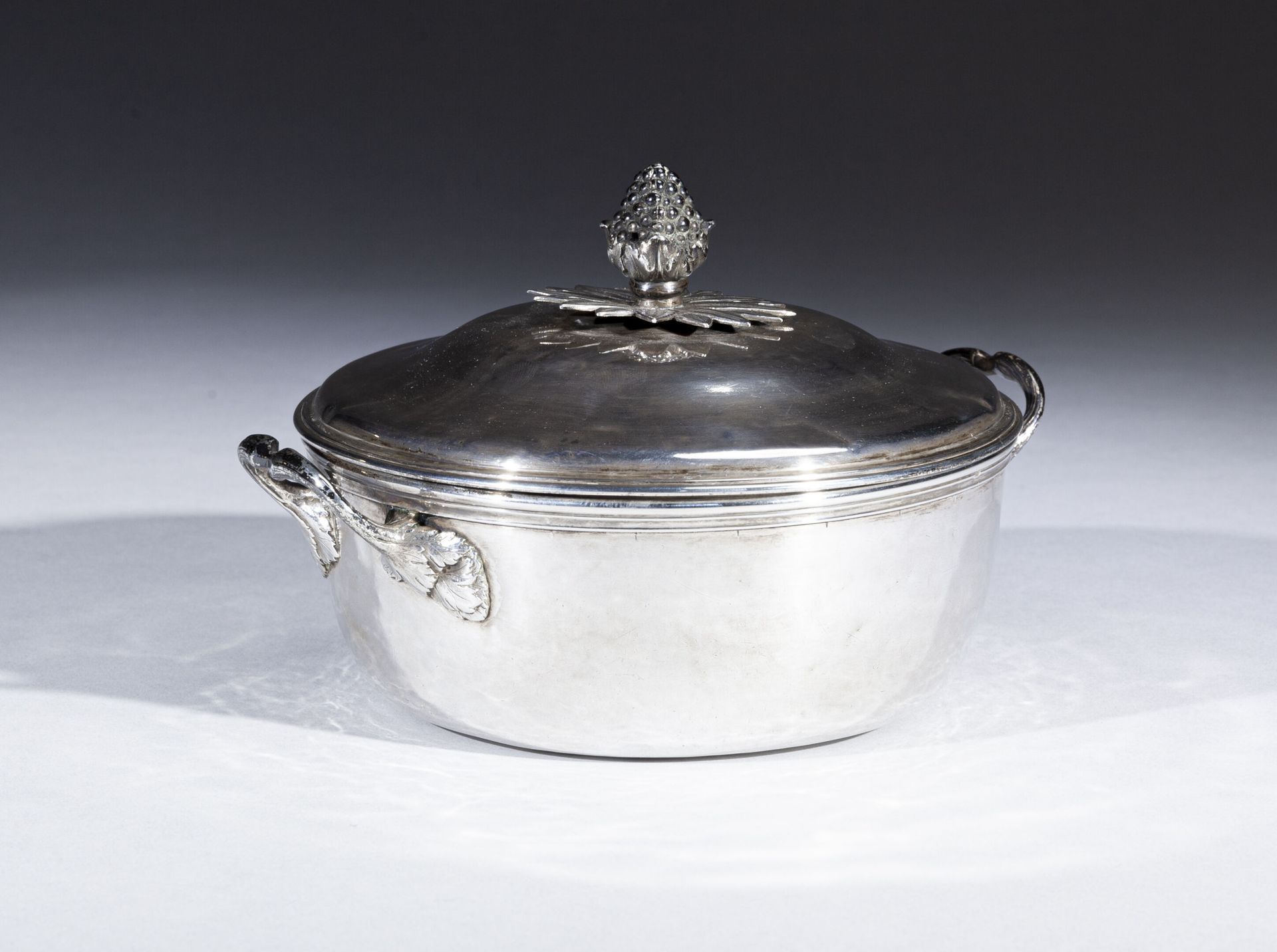 Null Small covered silver vegetable dish with two leafy handles, the lid with a &hellip;